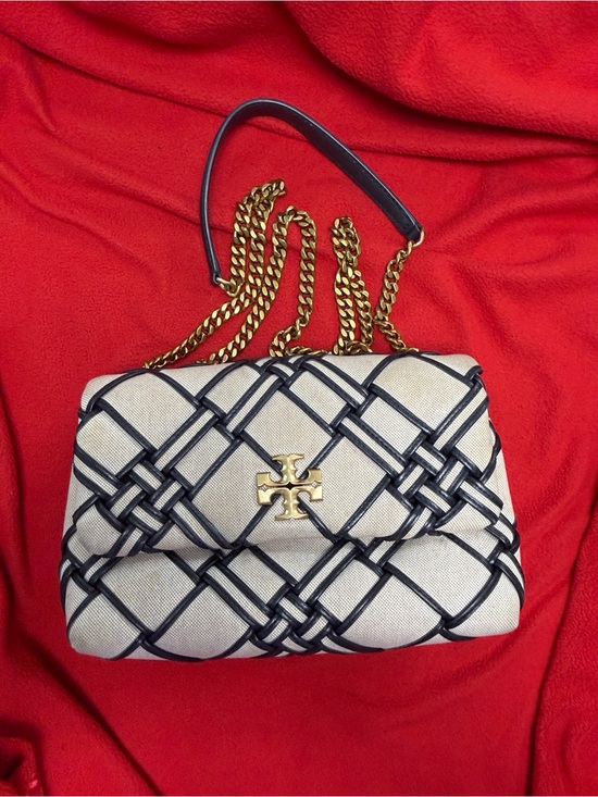 Tory Burch Handbags - Tory Burch Cream Shoulder Bag with Black Woven Trim and Gold Hardware